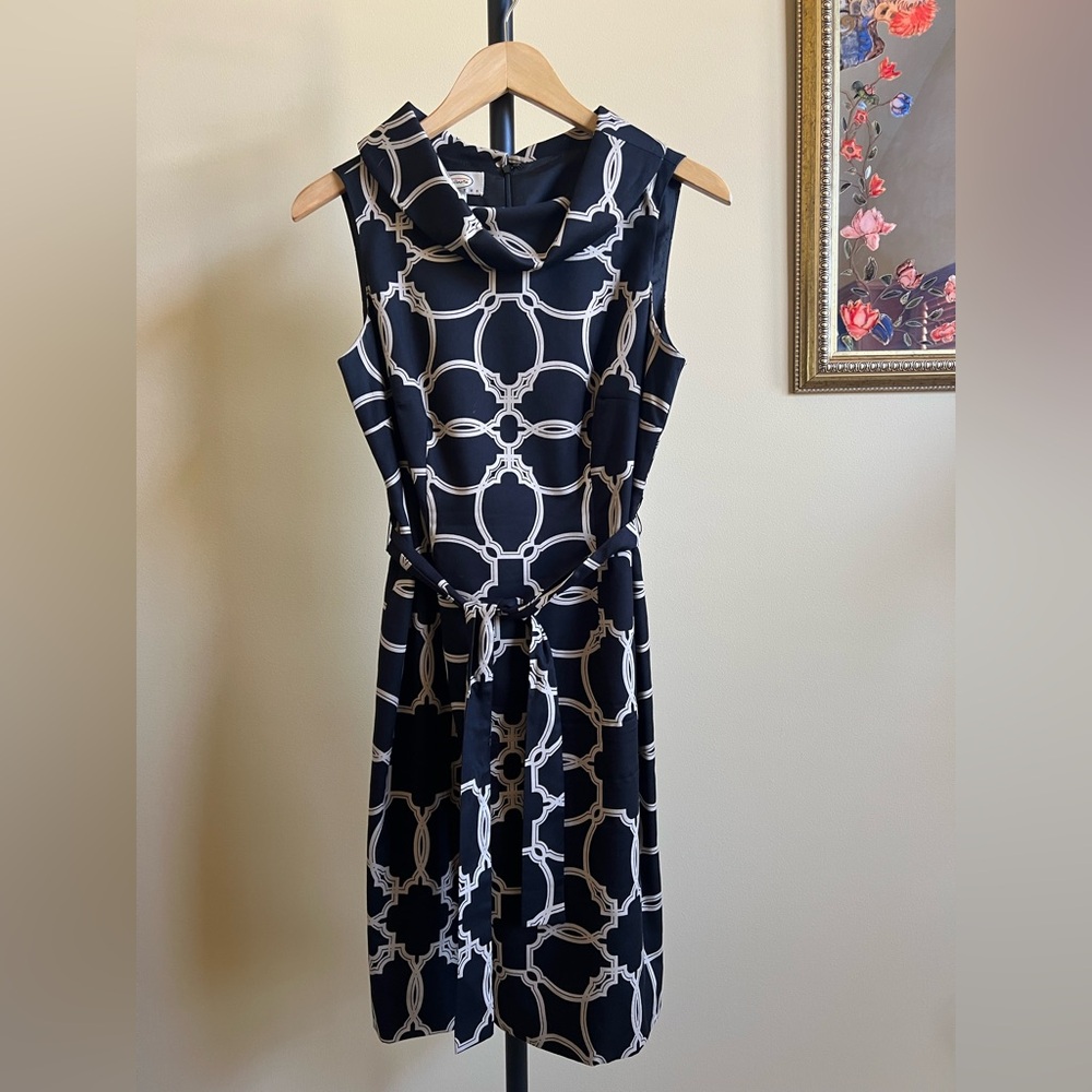 Talbots Dress with Belt Sleeveless Pattern in Black Tan Size 4P